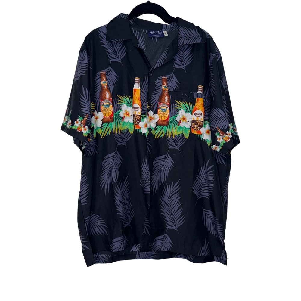 Pacific‎ & Co Tropical Beer Hawaiian Shirt Mens Large Black Rayon Blend